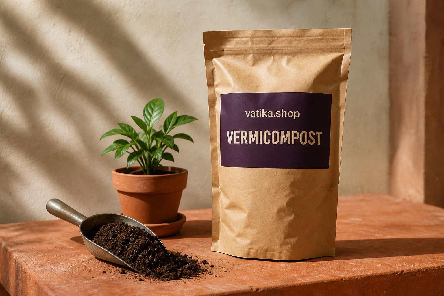 Vatika vermicompost packaging concept beside a scoop of compost and a young plant