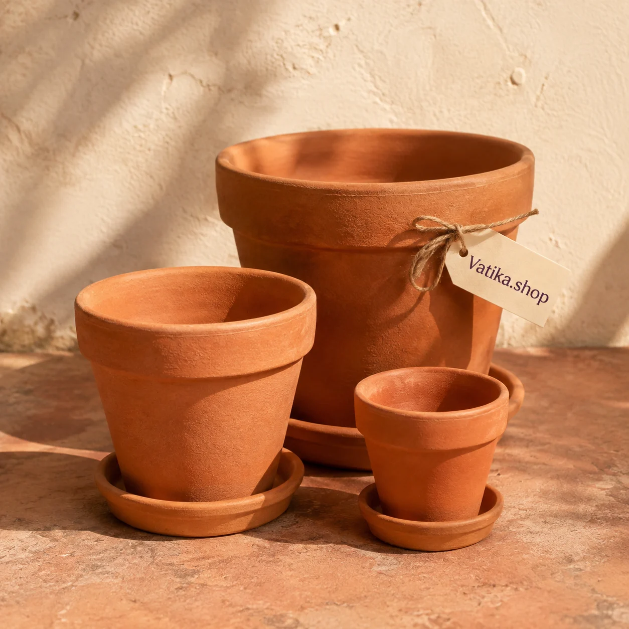 Three terracotta pots with Vatika branding, concept image